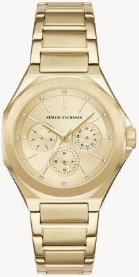 Armani Exchange Quartzo multifuncional (36 mm) com mostrador dourado e pulseira em aço inoxidável com revestimento PVD dourado. AX4624