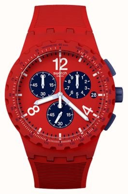 Swatch Hauptsächlich rotes (42 mm) rotes und blaues Chronographenzifferblatt / rotes Silikonarmband SUSR407