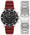 Emporio Armani World Explorer Chronograph (43mm) Black Dial / Red Rubber & Stainless Steel Bracelet AR80091SET