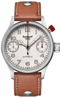 Hanhart Chronographe automatique Pioneer Monoscope (45 mm), cadran argenté / bracelet en cuir marron clair - m 733.220-0210