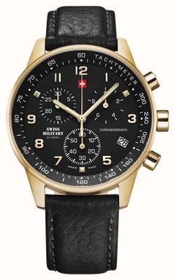 Swiss Military by Chrono Minimalistischer Militärchronograph für Herren (41 mm) schwarzes Zifferblatt / schwarzes Lederarmband SM34012.10