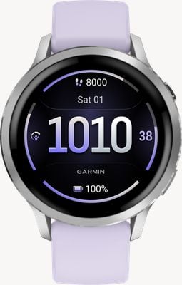 Garmin Venu 4 – AMOLED-Smartwatch für Gesundheit und Fitness (41 mm) in Silber mit periwinklefarbenem Silikonarmband 010-03013-01