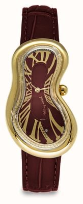 Exaequo Melting Watch Klassisches PVD-Gelbgold (28 mm) mit italienischem burgunderfarbenem Zifferblatt / italienischem burgunderfarbenem Kroko-Lederarmband EX 0002.0006