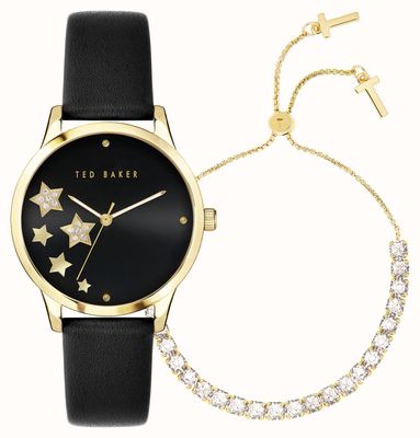 Ted Baker Juego de regalo con estrellas para mujer, esfera negra, correa de piel negra, reloj a juego con pulsera dorada. BKGFW2217