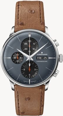 Junghans Meister chronoscoop (40,7 mm - Duitse datum) grijze wijzerplaat / bruine struisvogelleren band 27/4224.02