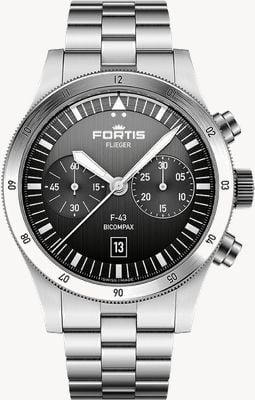 FORTIS Flieger F-43 Bicompax schwarzes (43 mm) Edelstahl-Blockarmband F4240006