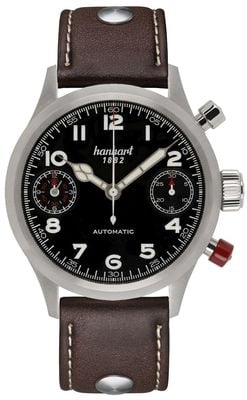 Hanhart Pioneer Twindicator Automatik-Chronograph (45 mm), schwarzes Zifferblatt / dunkelbraunes Lederarmband - m 730.210-0110