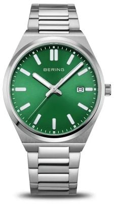 Bering Reloj clásico para hombre (39 mm) con esfera verde con efecto rayos de sol y pulsera de acero inoxidable. 17639-708