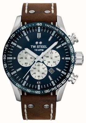 TW Steel Volante | blauwe chronograaf wijzerplaat | bruine lederen band VS121