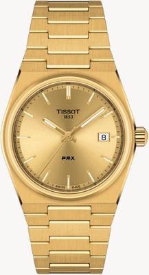 Tissot Prx Quarz (35 mm) Zifferblatt mit Sonnenschliff in Goldoptik / Armband aus goldfarbenem PVD-beschichtetem Edelstahl T1372103302100