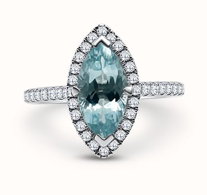 James Moore & Co 18ct White Gold 1.50ct Marquise Aqua and Diamond Ring 0.50ct Halo Shoulders 11919