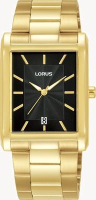 Lorus Klassisches rechteckiges (29 mm) schwarzes Zifferblatt / Gold-PVD-Edelstahlarmband RH938RX9
