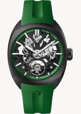 Favre Leuba Montre squelette automatique Chief (40 mm), cadran squelette noir / bracelet en caoutchouc vert 00.20106.105.03.303