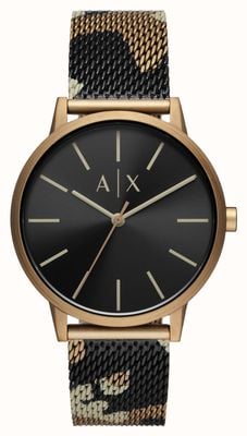 Armani Exchange Homens | mostrador preto | pulseira de malha de aço camuflada AX2754