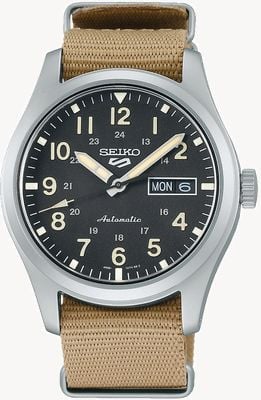 Seiko 5 スポーツフィールド カーキ ナイロンストラップ ケース 39.4mm SRPG35K1