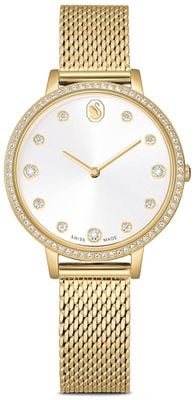 Swarovski Clarica Quarz (35 mm), silbernes Zifferblatt / goldfarbenes PVD-beschichtetes Edelstahl-Mesh-Armband 5740823