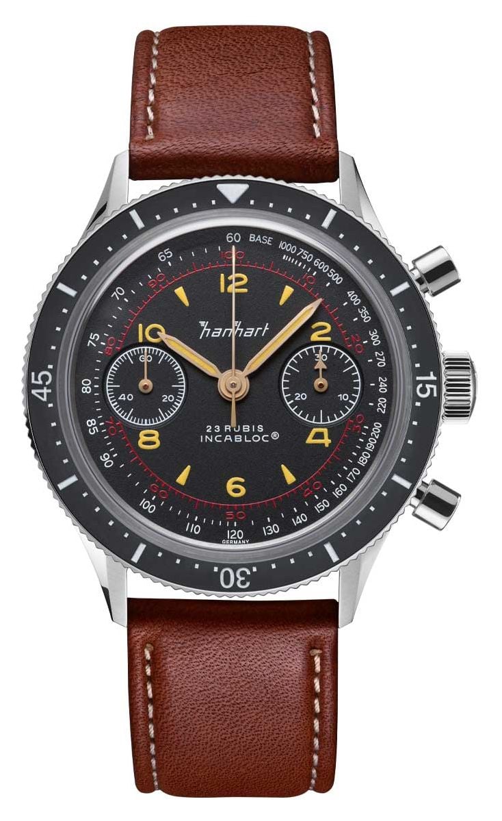 Hanhart 415 es emblÃ©matique (39 mm) cadran noir / bracelet montre