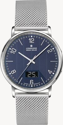 Junghans Reloj Milano Mega Solar radiocontrolado (39,2 mm), esfera de cristal azul con células solares y pulsera de acero inoxidable. 56/4629.44