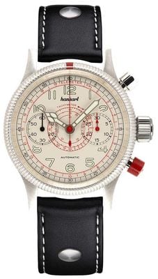 Hanhart Montre tachytélécommande automatique Pioneer (40 mm), cadran blanc antique / bracelet en cuir noir à rivets - m 712.200-0010