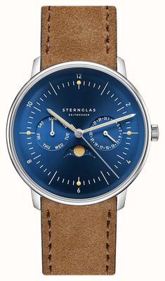 STERNGLAS Reloj Naos de cuarzo con fase lunar (38 mm), esfera azul medianoche con efecto rayos de sol y correa de ante marrón. S01-NM06-WL01