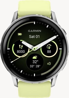 Garmin Venu 4 – AMOLED-Smartwatch für Gesundheit und Fitness (45 mm) in Silber mit zitronenfarbenem Silikonarmband 010-03014-02