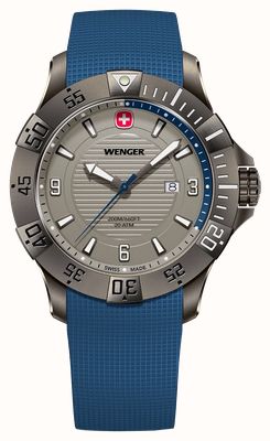 Wenger Seaforce Quarz (43 mm), graues Zifferblatt / blaues Silikonarmband 01.0641.142