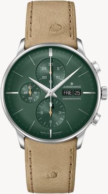 Junghans マイスタークロノスコープ|緑の文字盤|ベージュのレザーストラップドイツの日付 27/4222.02