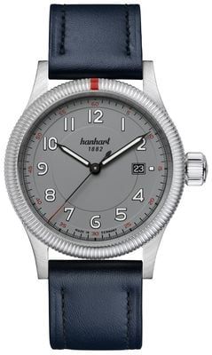 Hanhart Pioneer One Automatik (42 mm), graues Zifferblatt / blaues Lederarmband - m 762.240-7310