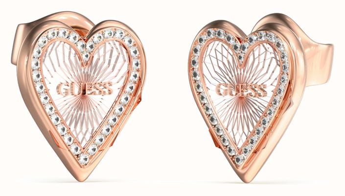 Guess Women's Love Me Tender Rhodium and Rose Gold Plated 14mm Heart Stud Earrings UBE03237RHRG