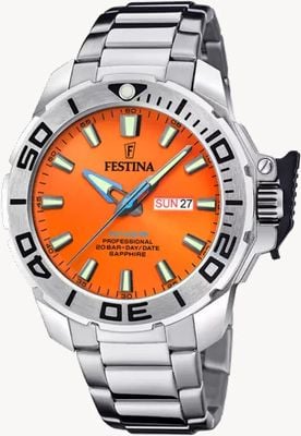 Festina Diver professionale giorno/data (46,3 mm) quadrante arancione / bracciale in acciaio inossidabile F20665/5