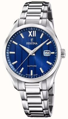 Festina Cuarzo clásico suizo (37,5 mm) con esfera azul y brazalete de acero inoxidable. F20026/2