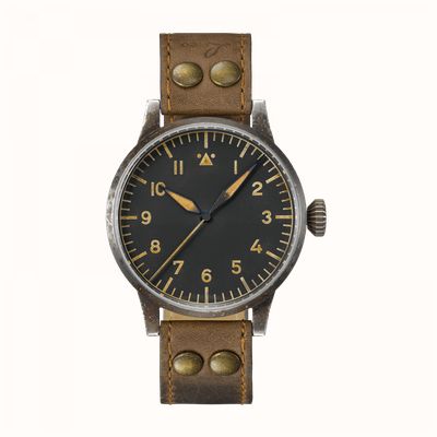 Laco Mülheim an der ruhr corda manual erbstück (39 mm) mostrador preto / pulseira piloto de couro marrom 862096