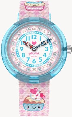 Flik Flak Kid's BAKE IT UP (31.85mm) White and Pink Dial / Pink Cake Patterned Fabric Strap FBNP219