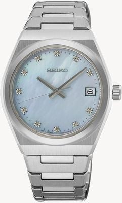 Seiko Zegarek Essential Time Diamond (34 mm) z jasnoniebieską tarczą z masy perłowej / bransoletą ze stali nierdzewnej SUR603P1