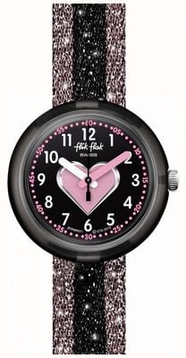 Flik Flak Cuoricino | bracelet textile rose/noir | cadran noir FPNP071