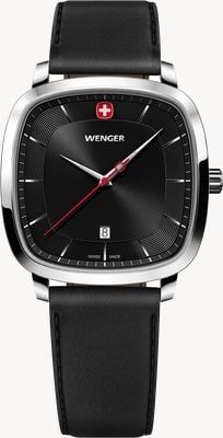 Wenger Klassischer Vintage-Quarz (37 mm) mit schwarzem Sonnenschliff-Zifferblatt und schwarzem Smartcycle-Armband 01.1921.105
