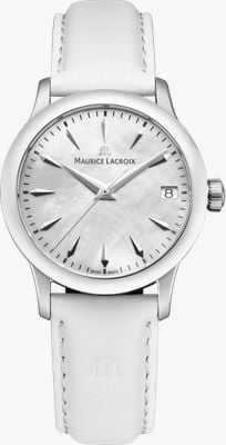 Maurice Lacroix Quartzhorloge uit 1975 (33 mm) met parelmoeren wijzerplaat en witte leren band. 751006-SS001-160-7