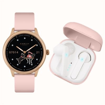Radley Smartwatch der Serie 19 (42 mm) mit echten kabellosen Ohrhörern, rosafarbenem Silikonarmband RYS19-2154-TWS