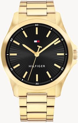 Tommy Hilfiger Reloj Bruce de cuarzo de tres manecillas (42 mm), esfera negra y brazalete de acero inoxidable con recubrimiento PVD dorado. 1792241