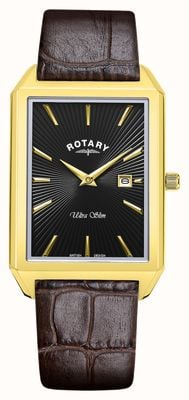 Rotary Cadran rectangulaire noir ultra fin (28,5 mm) pour homme / bracelet en cuir marron GS08023/04