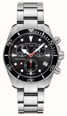 Certina DS Action Quarz-Chronograph (42 mm), schwarzes Zifferblatt / Edelstahlarmband C0484171105100