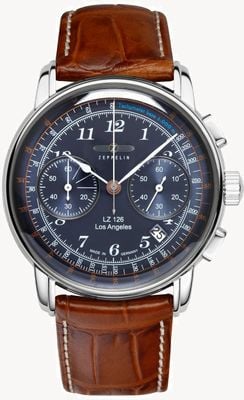 Zeppelin Lz 126 los angeles cronógrafo de quartzo (42 mm) mostrador azul / pulseira de couro marrom 7614-3