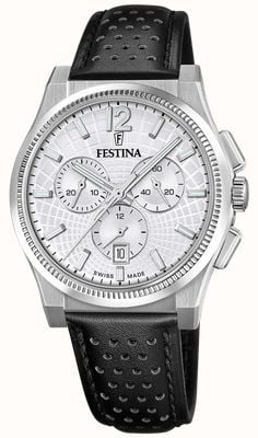 Festina Swiss Made Rivé Quarz Chronograph (42,5 mm) silbernes Zifferblatt / schwarzes Lederarmband F20060/1