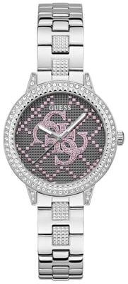 Guess G-Lace-Glas (34 mm), quattro 'g'-Logo, graues Zifferblatt / Edelstahlarmband GW0944L1