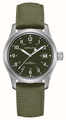 Hamilton Oficial de campo cáqui mecânico * Pearl Harbor - 2001 * (38 mm) mostrador verde / pulseira de lona verde H69439363