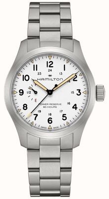 Hamilton Reserva de marcha mecánica de campo caqui (40 mm), esfera blanca / brazalete de acero inoxidable H69509110