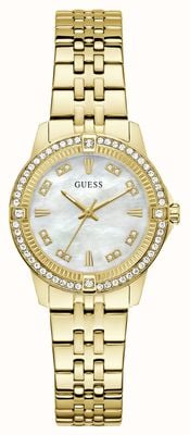 Guess Relógio Colette de quartzo com três ponteiros (32 mm), mostrador em madrepérola e pulseira em aço inoxidável com revestimento PVD dourado. GW1027L2