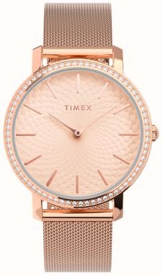 Timex Damska bransoleta typu mesh z różową tarczą / stalową bransoletą typu mesh w kolorze różowego złota TW2V52500
