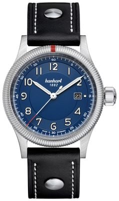 Hanhart Montre automatique Pioneer One (42 mm), cadran bleu / bracelet en cuir noir à rivets - M 762.270-0010