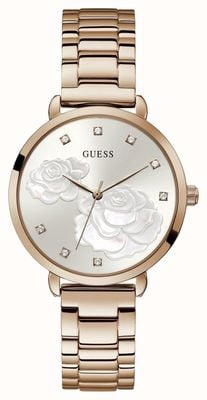 Guess Sprankelende roos | dames rosé vergulde stalen armband | zilveren wijzerplaat GW0242L3